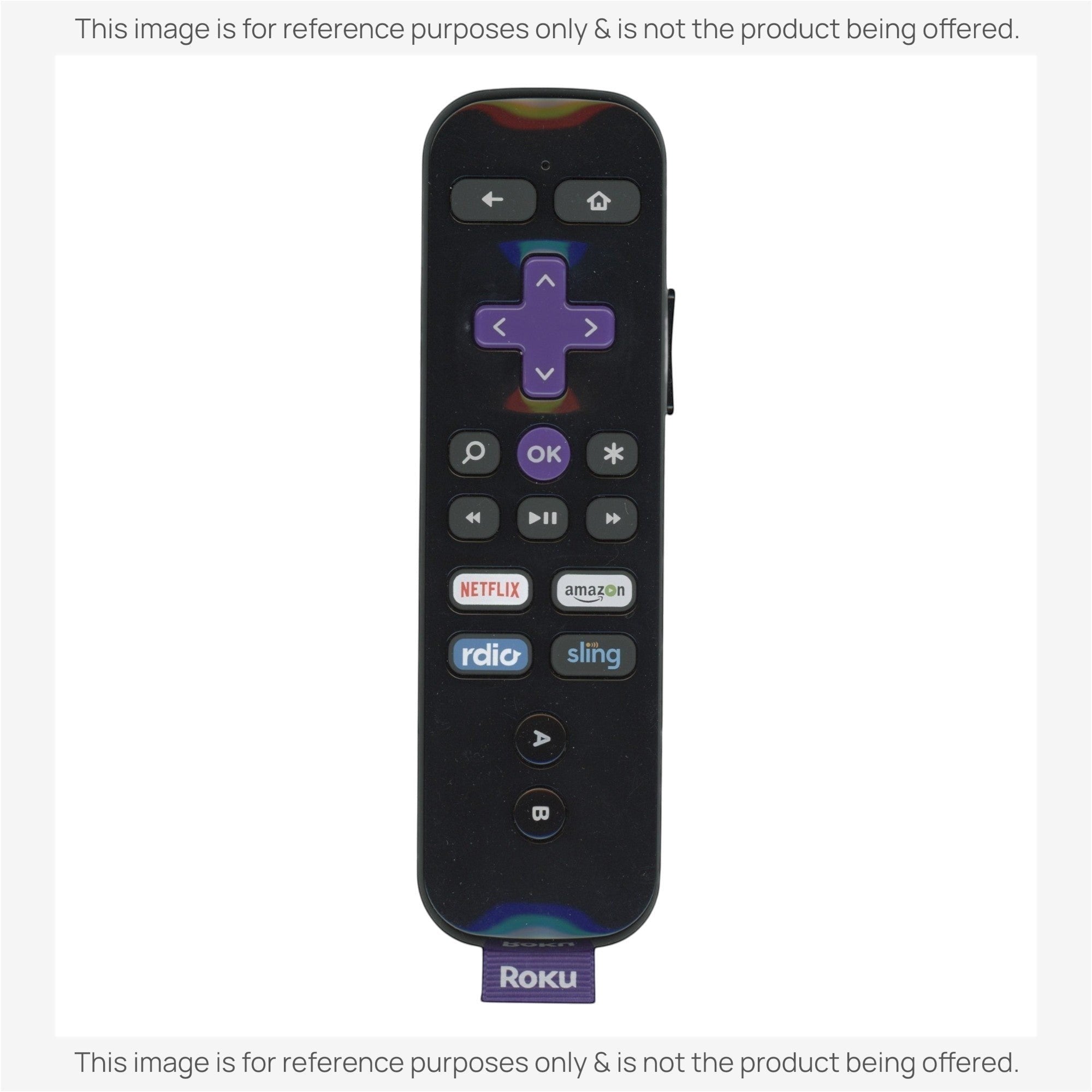 Anderic RC-GZ1 black streaming remote control for Roku devices with purple directional pad and shortcut buttons.