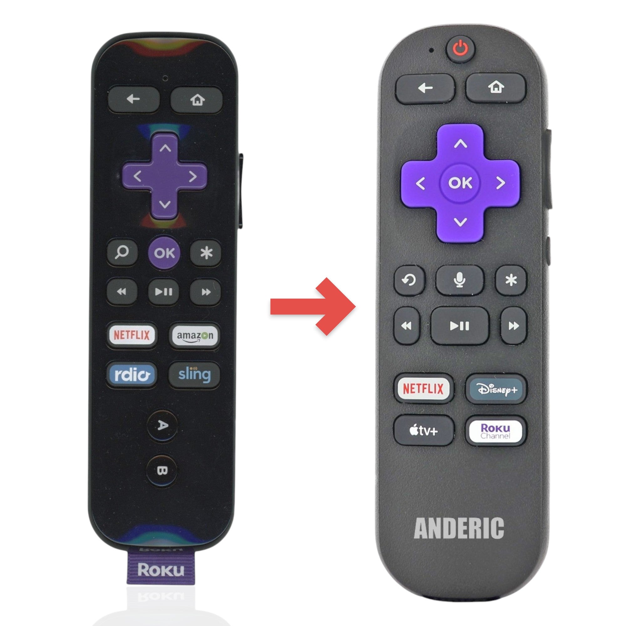 Anderic black streaming remote control for Roku devices featuring a purple directional pad and app shortcut buttons.