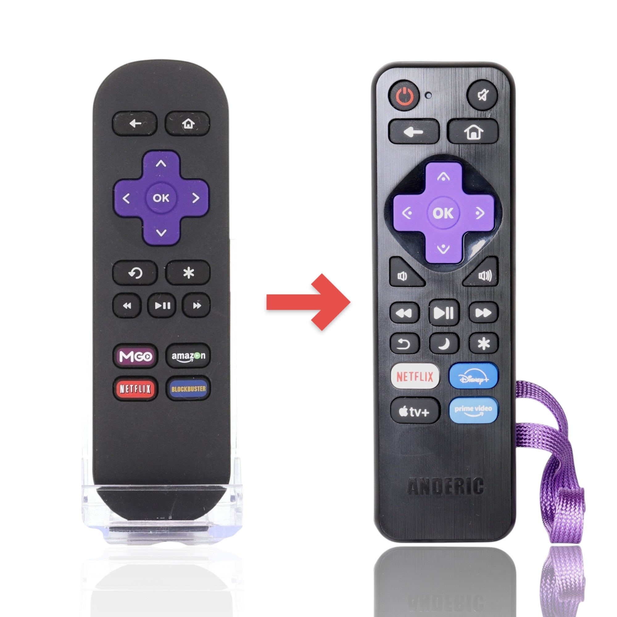 Anderic IR streaming remote control for Roku TVs with purple navigation pad, shortcut buttons, and purple wrist strap.