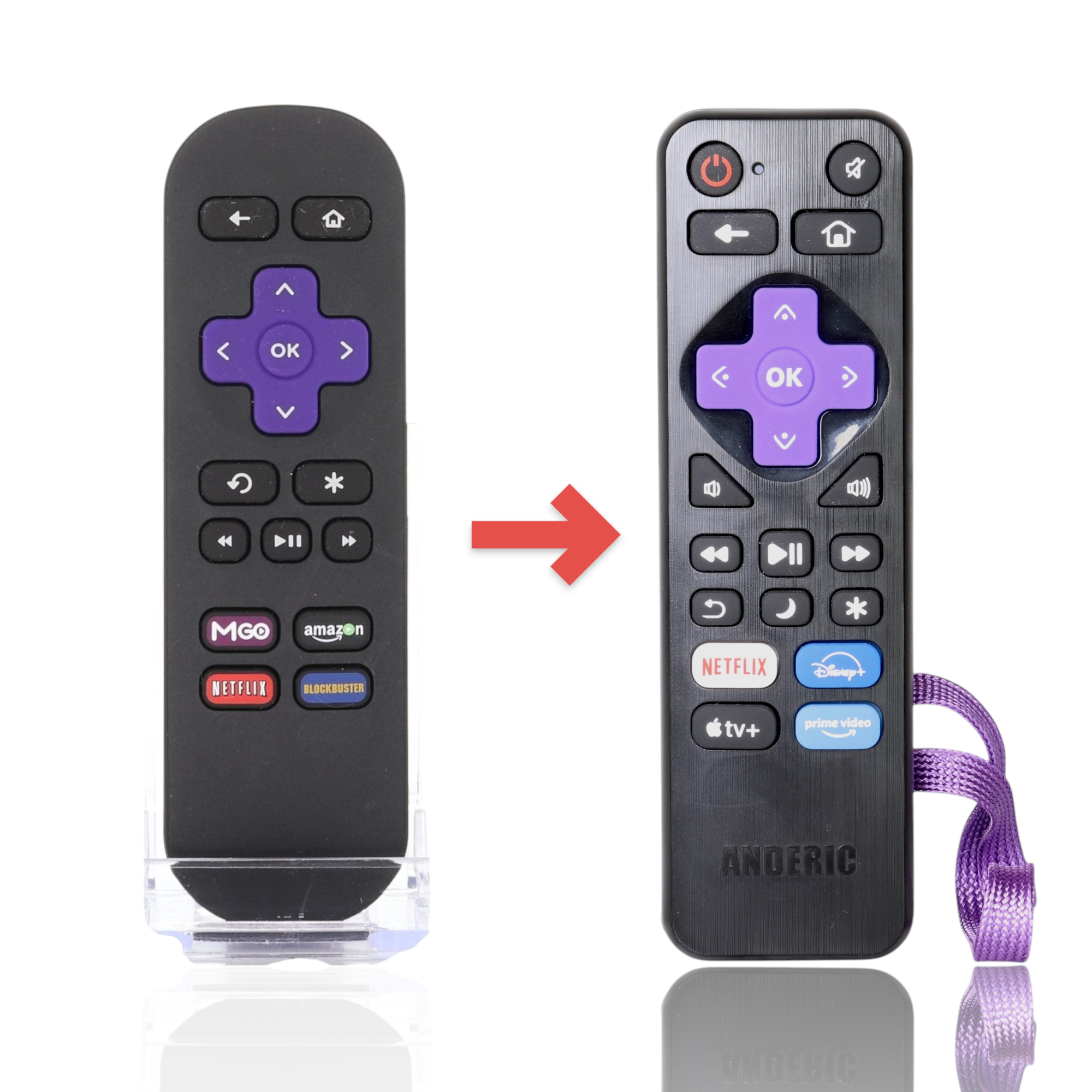 Anderic IR streaming remote control for Roku TVs with purple navigation pad, shortcut buttons, and purple wrist strap.