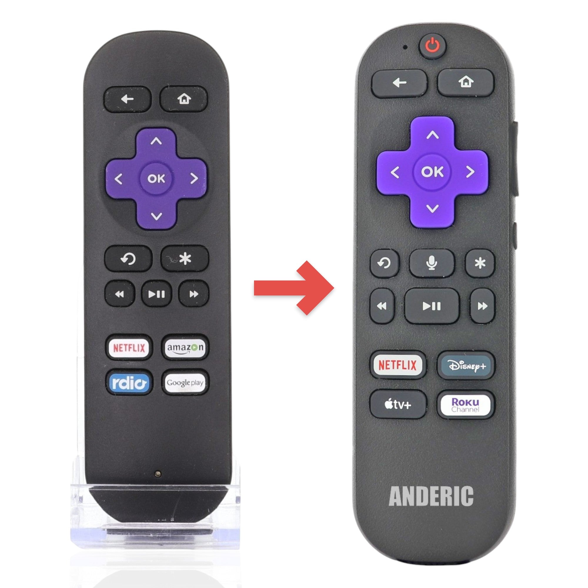 Anderic universal streaming remote for Roku with a black body, purple directional pad, and app shortcut buttons.