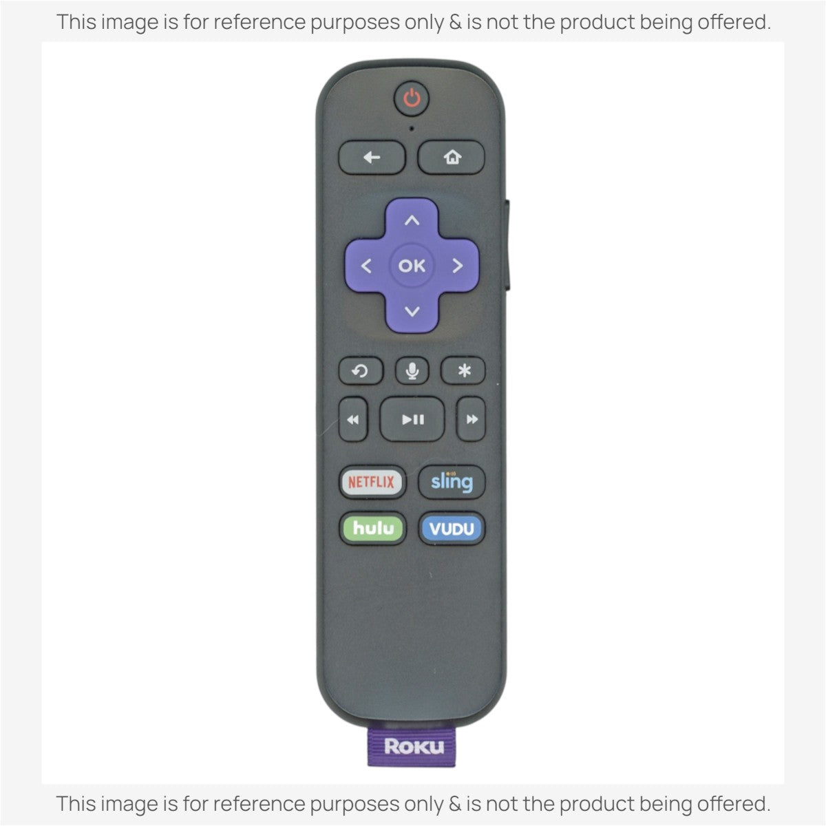 Anderic replacement Roku streaming stick remote with voice control, purple navigation pad, and app shortcut buttons.
