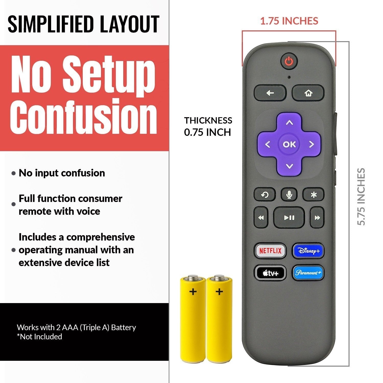 Anderic replacement remote for Roku streaming sticks with voice control, shortcut buttons, and dimensions displayed.