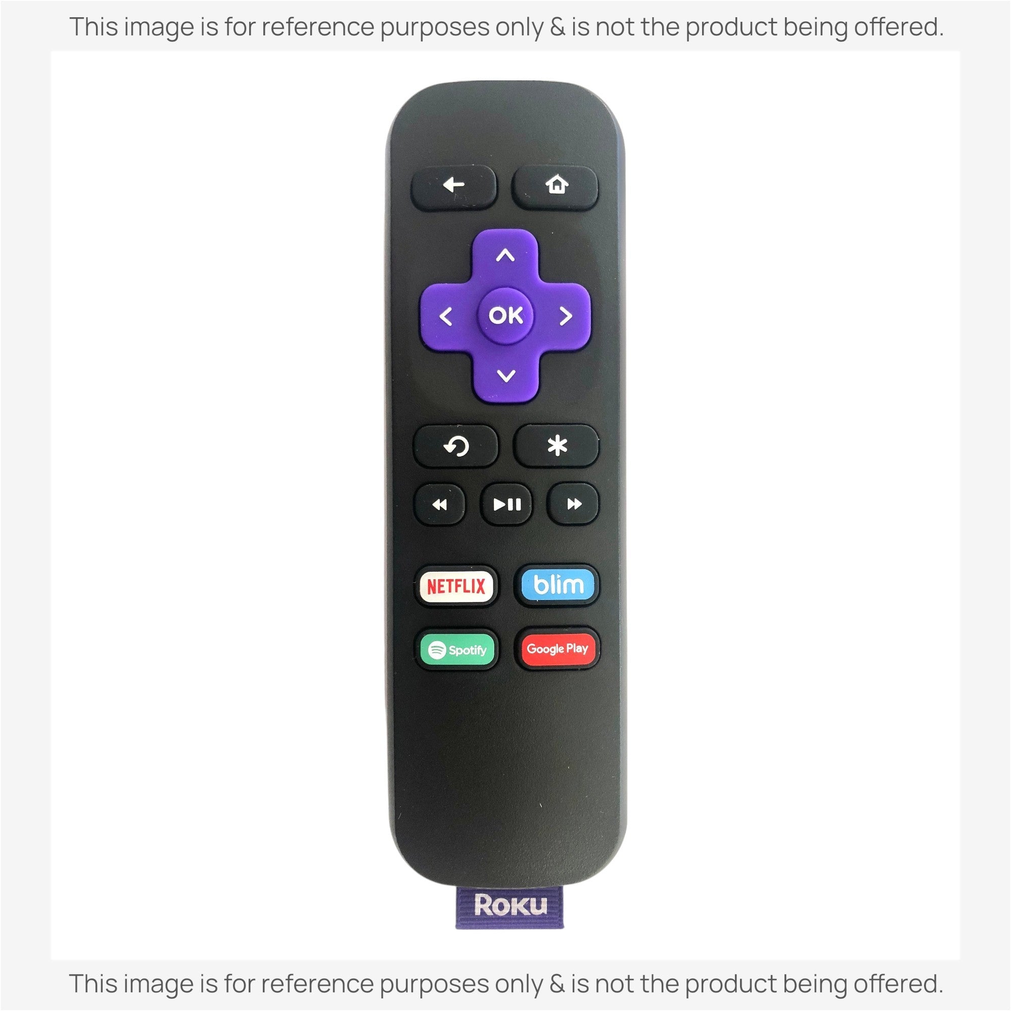 Anderic substitute IR remote for Roku featuring a purple directional pad and dedicated streaming service buttons.
