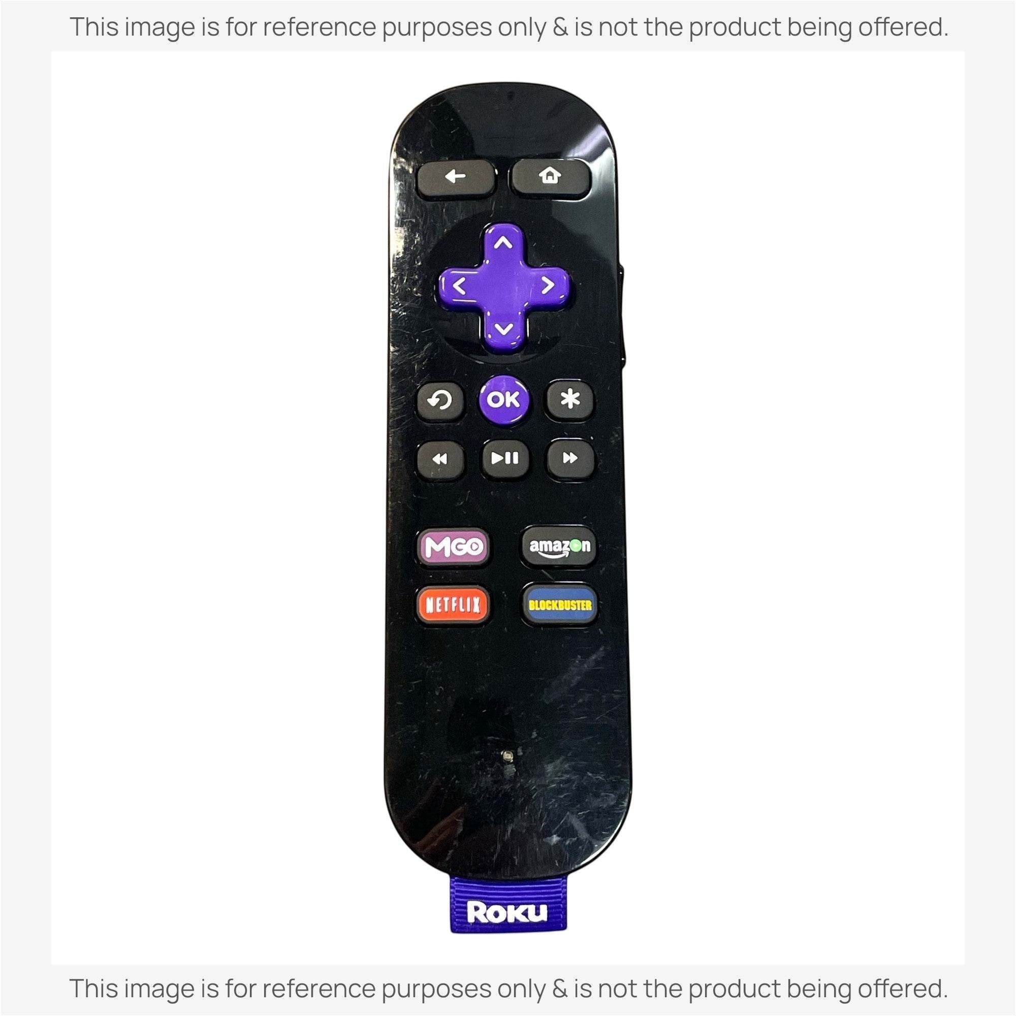 Anderic substitute Roku remote control with black casing, purple directional pad, and dedicated streaming app buttons.