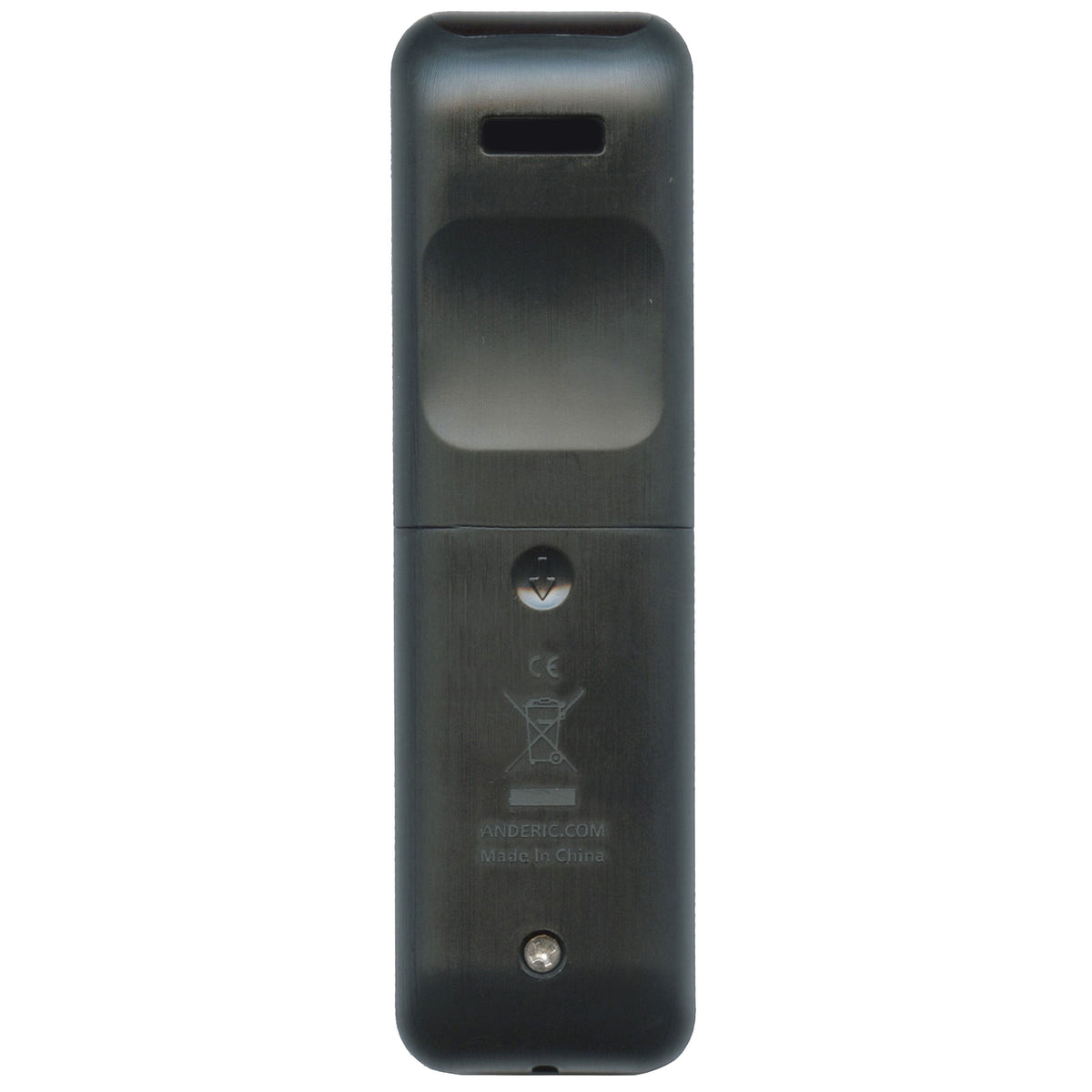 Back view of the black Anderic RRLF16 replacement remote control for Roku TVs showing the battery compartment cover.