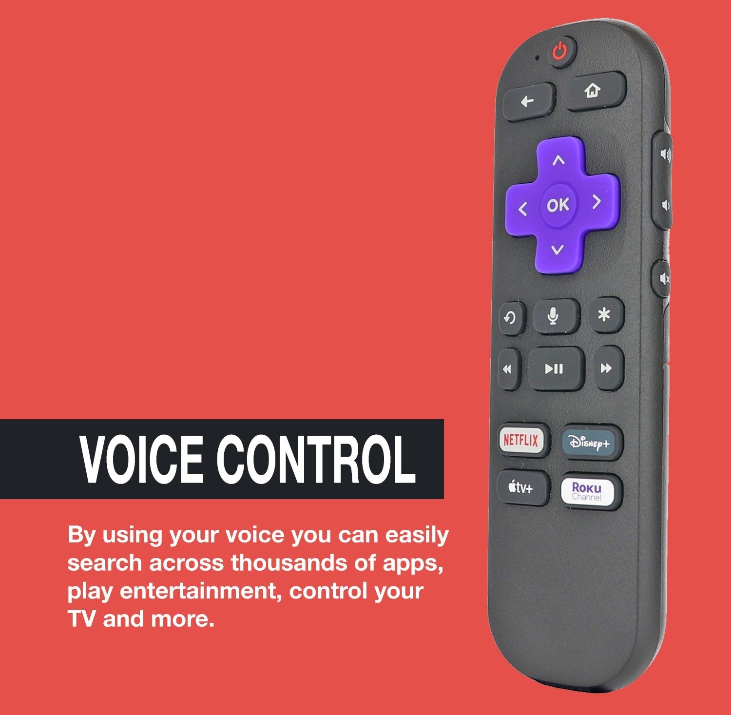 Anderic Roku RCEL3 TV remote with voice control, purple navigation pad, and dedicated streaming app shortcut buttons.