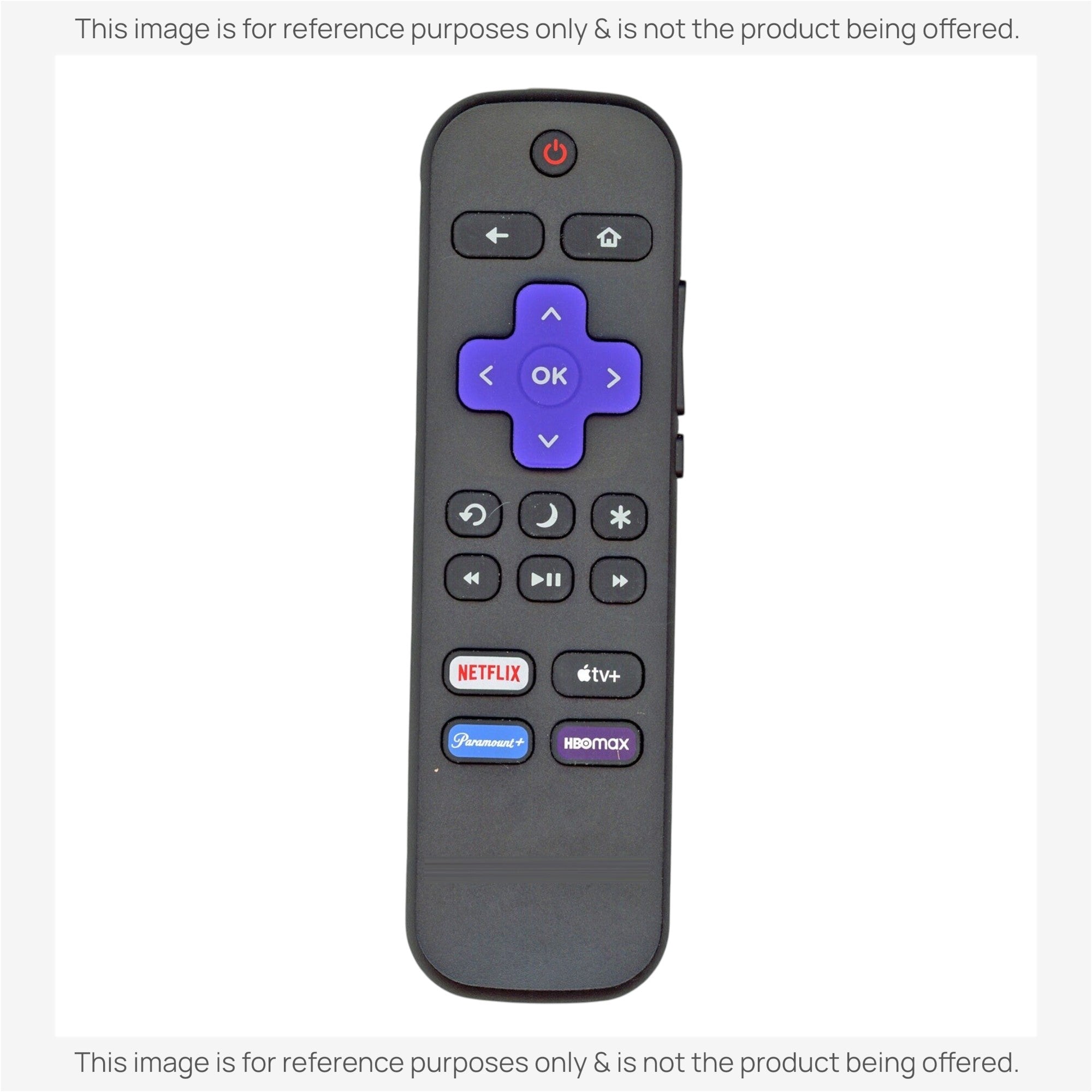 Anderic RRST01 replacement IR remote for Roku TVs featuring a purple directional pad and streaming app shortcut keys.