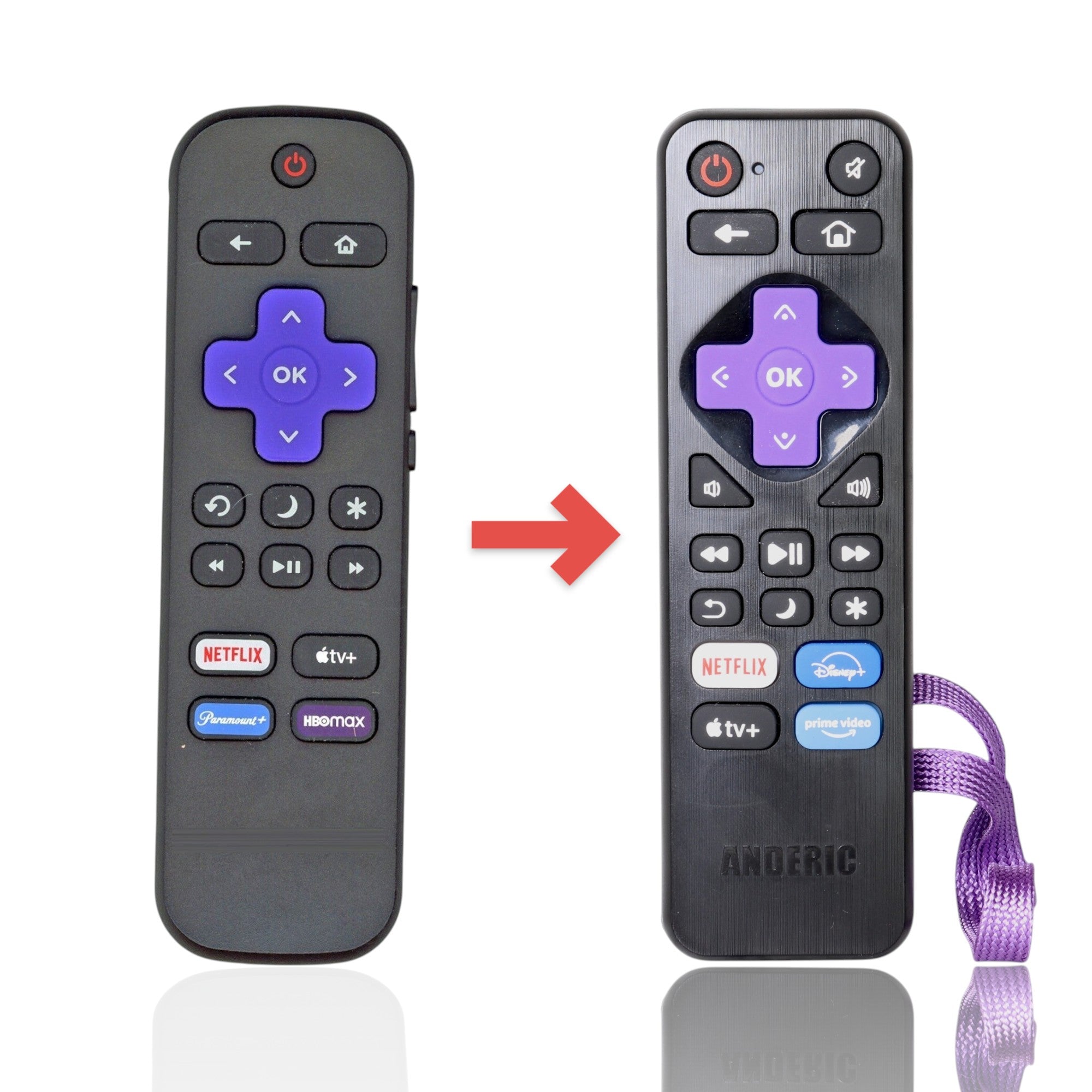 Anderic replacement IR remote control for Roku TV with purple navigation pad and dedicated streaming app buttons