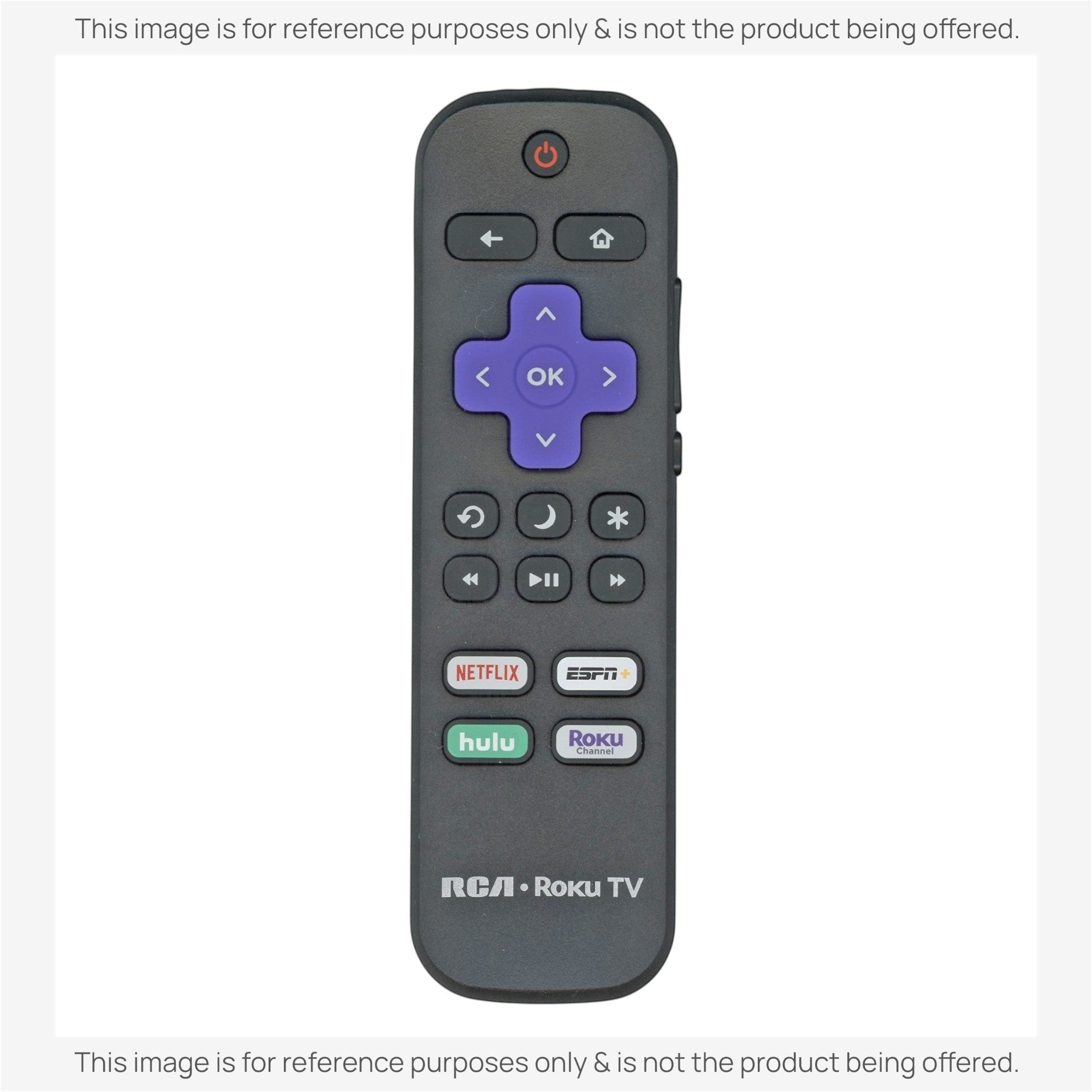 Anderic replacement remote control for Roku TV with purple directional pad and dedicated streaming app buttons.