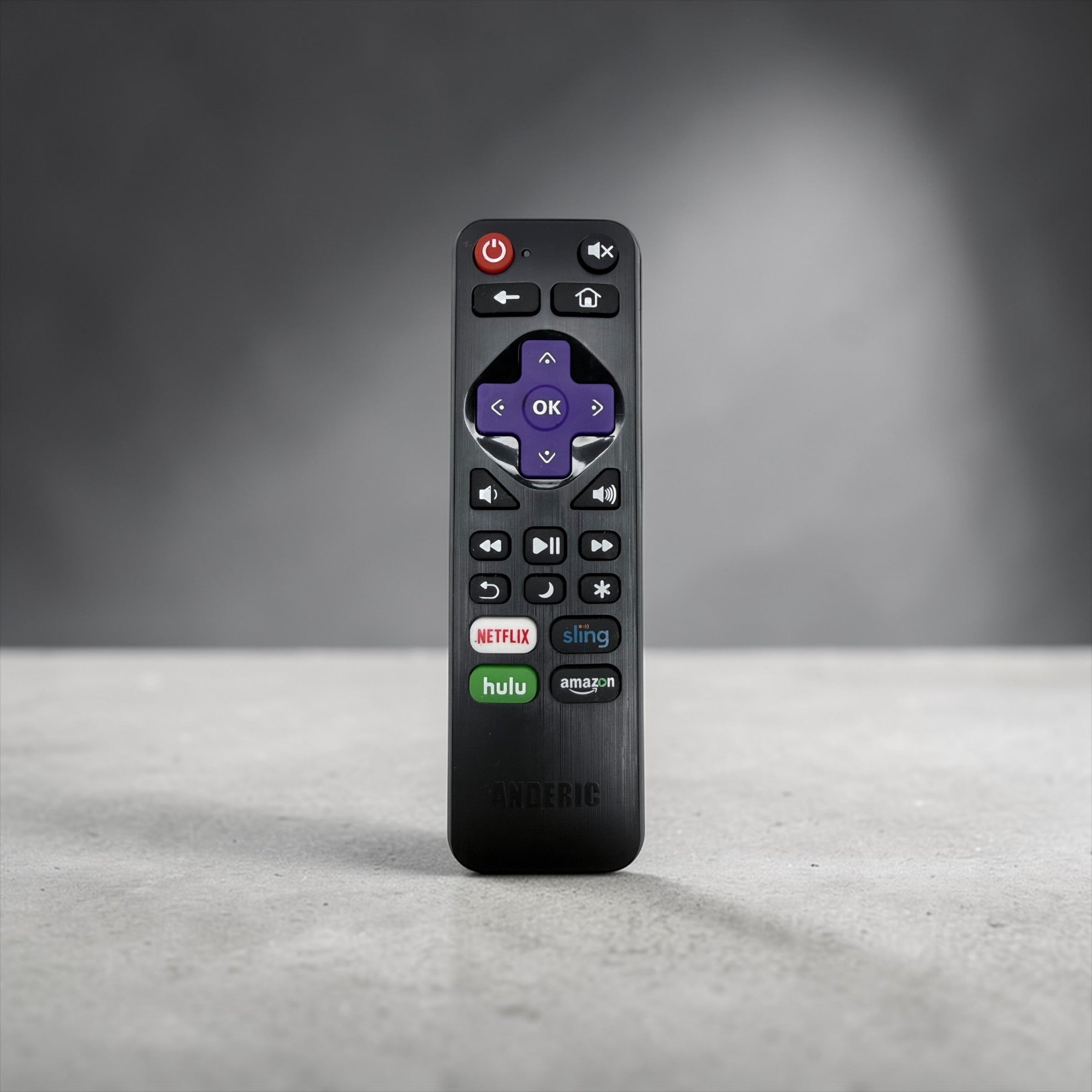 Anderic RRLF16 black Roku TV replacement remote with purple directional pad and streaming app shortcut buttons.