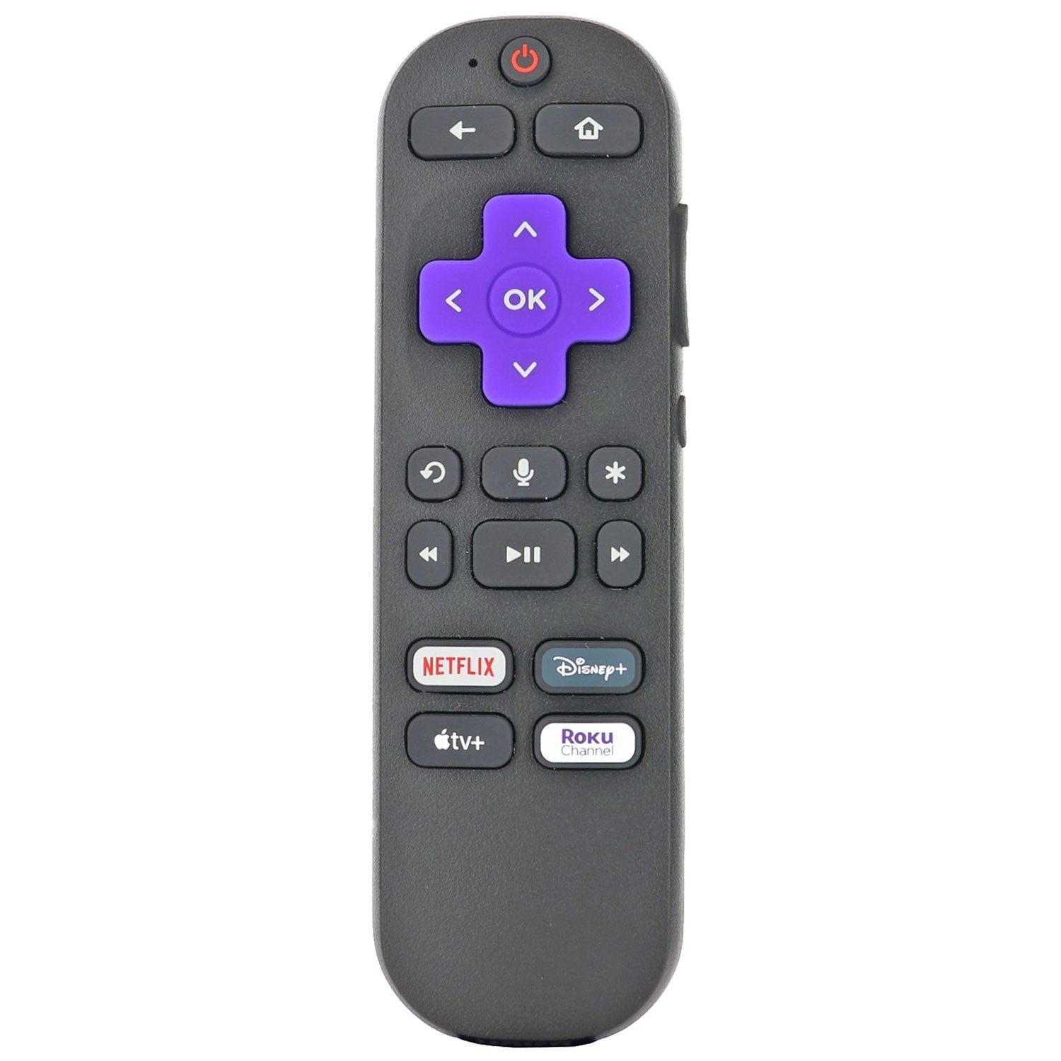 Anderic voice-activated Roku TV remote control with purple directional pad and dedicated streaming app buttons.