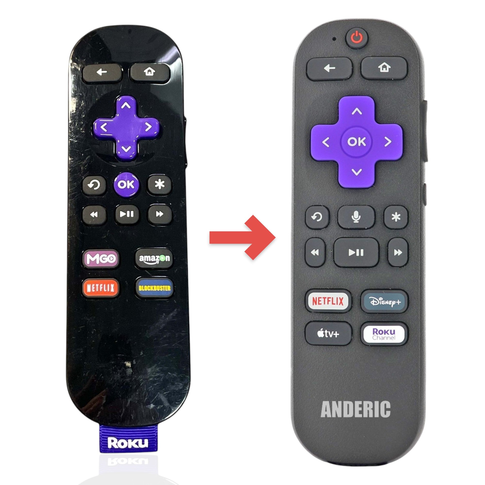 Anderic universal Roku remote control in black with a purple directional pad and dedicated streaming app buttons.