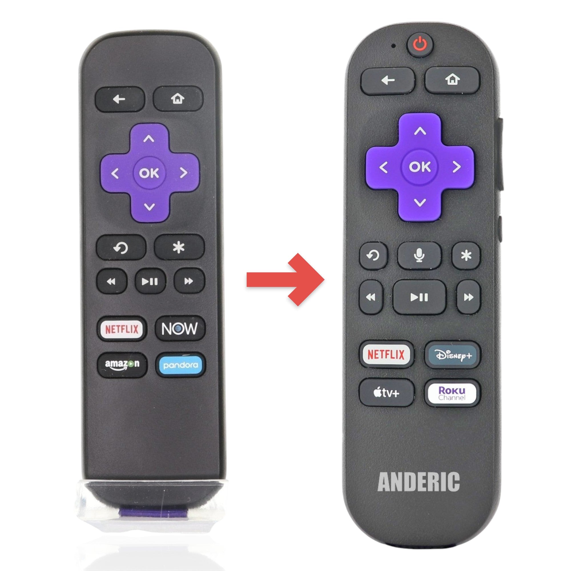 Anderic universal remote control for Roku devices featuring a purple directional pad and dedicated streaming buttons.