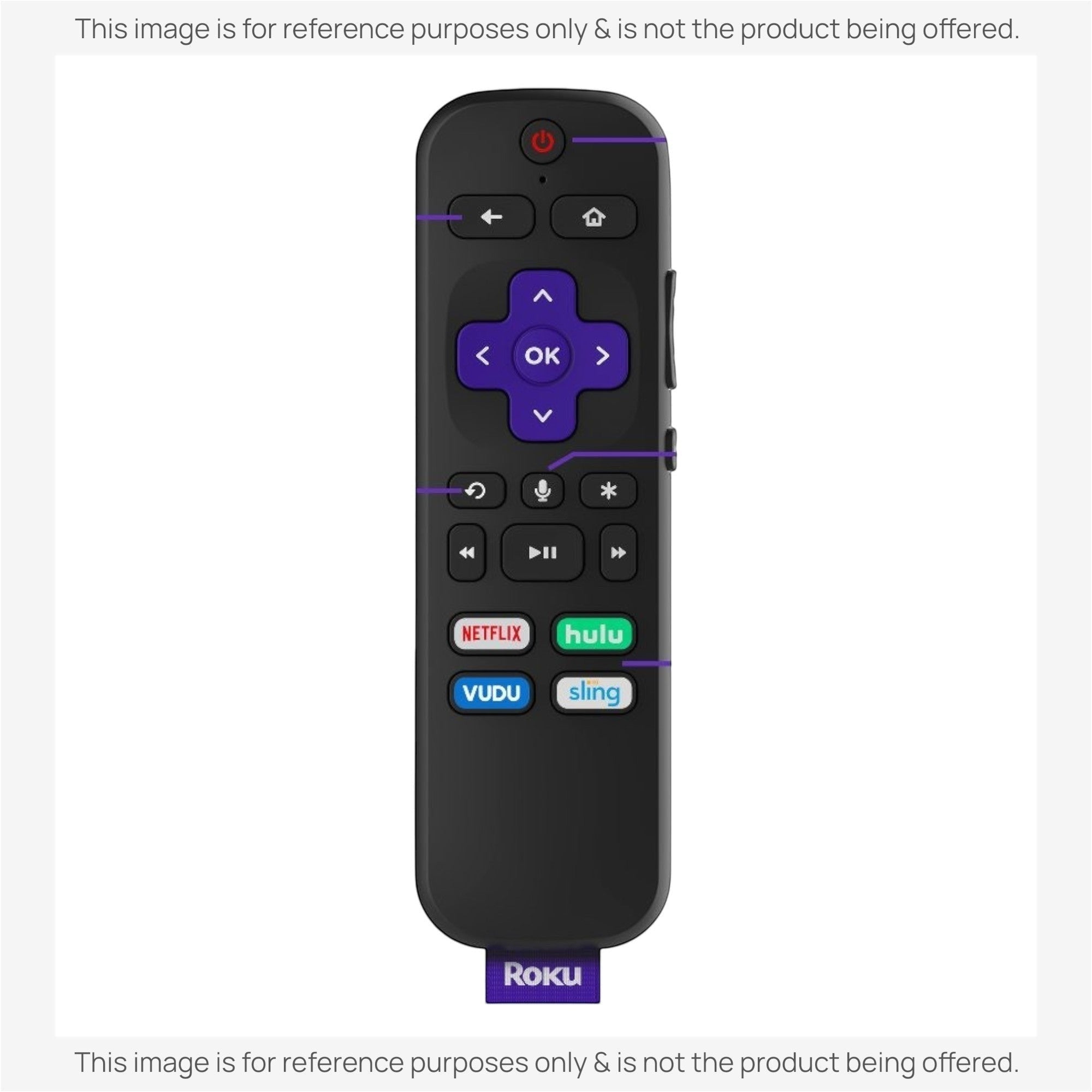 Anderic universal remote control for Roku devices featuring a purple directional pad, voice search, and app buttons.