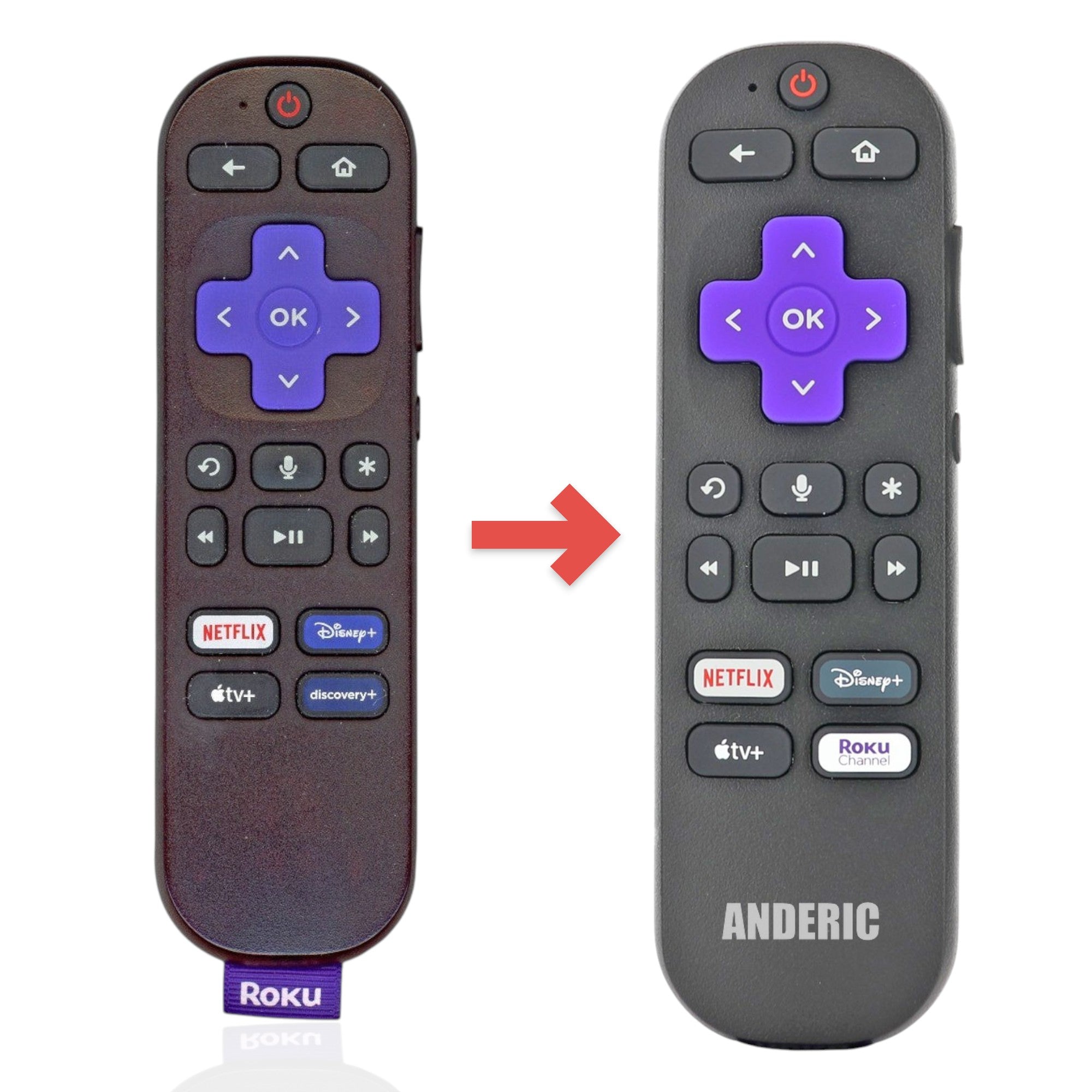 Anderic black voice-enabled streaming remote for Roku with purple navigation pad and dedicated app shortcut buttons.