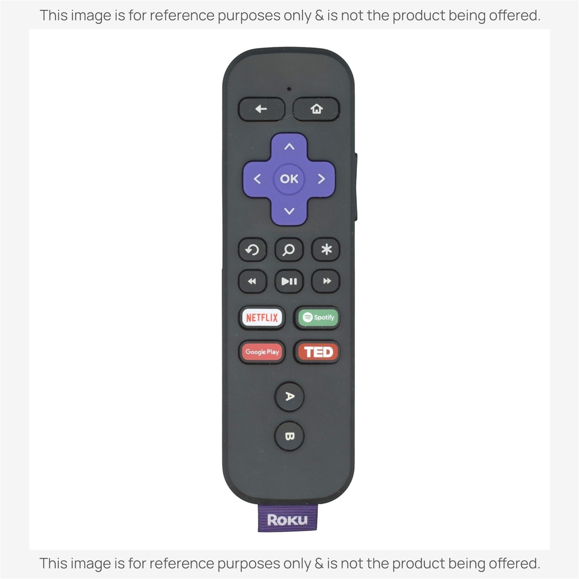 Anderic voice-enabled streaming remote for Roku devices with purple directional pad and dedicated app shortcut buttons.