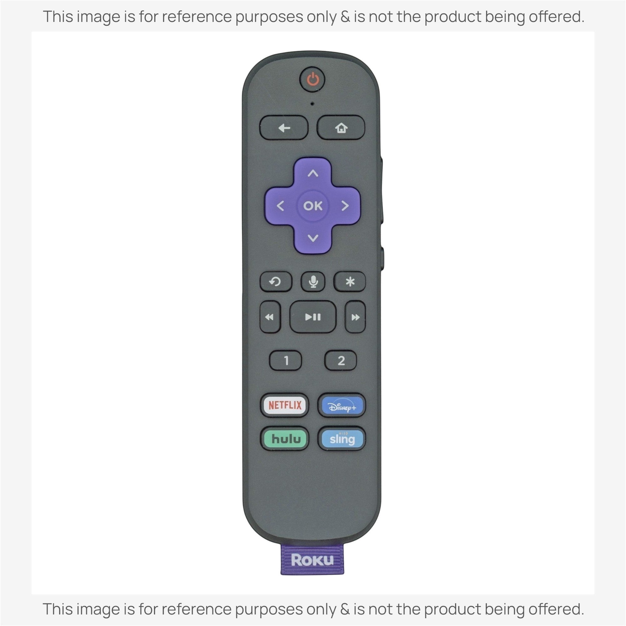 Anderic voice streaming remote control for Roku devices in grey with a purple navigation pad and app shortcut buttons.