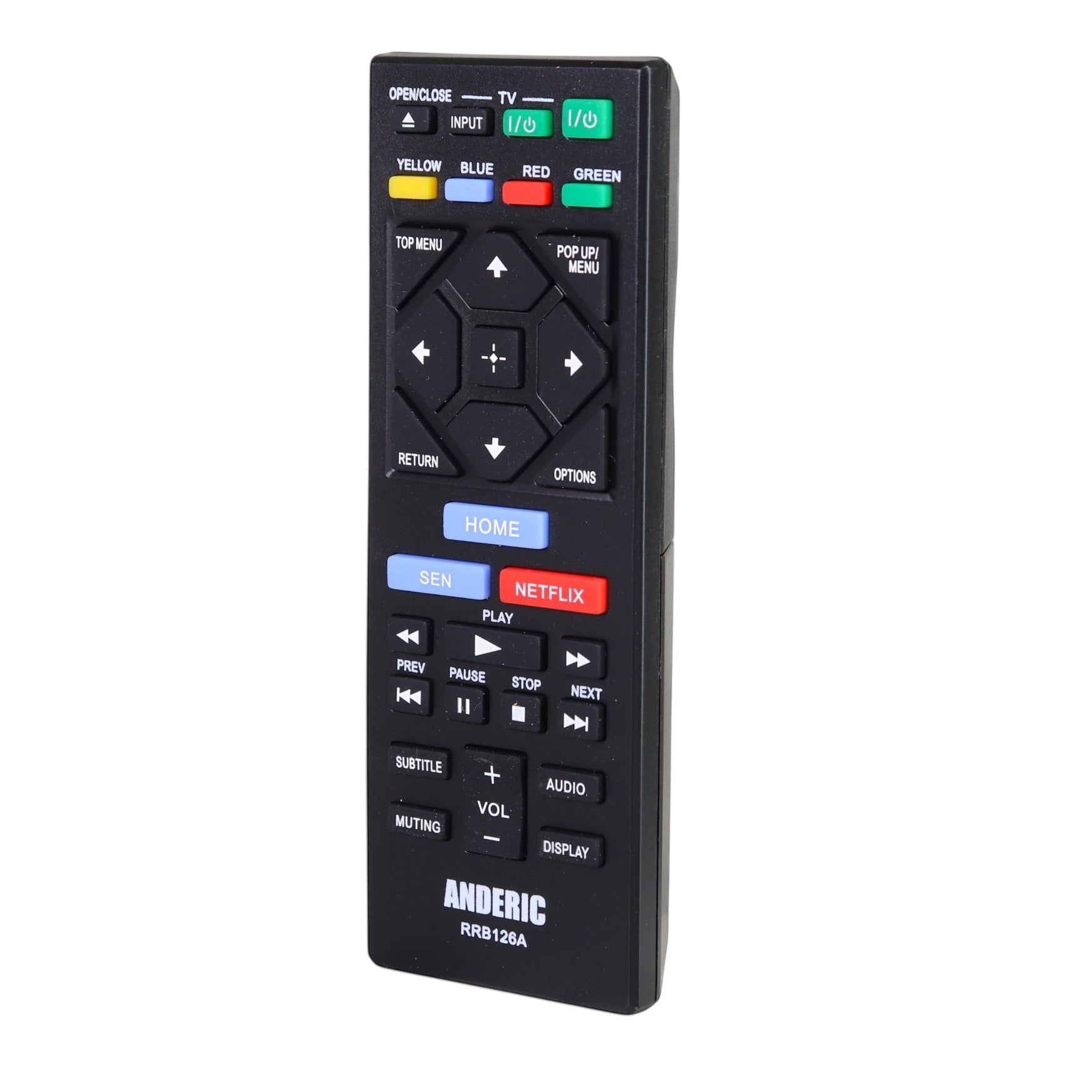 Anderic RRB126A black remote control for Sony Blu-ray players with playback, menu, and Netflix buttons.