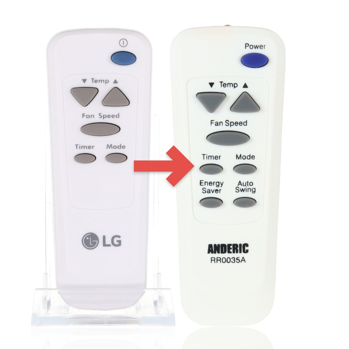 Anderic RR0035A white replacement air conditioner remote control for LG units showing button layout and functions