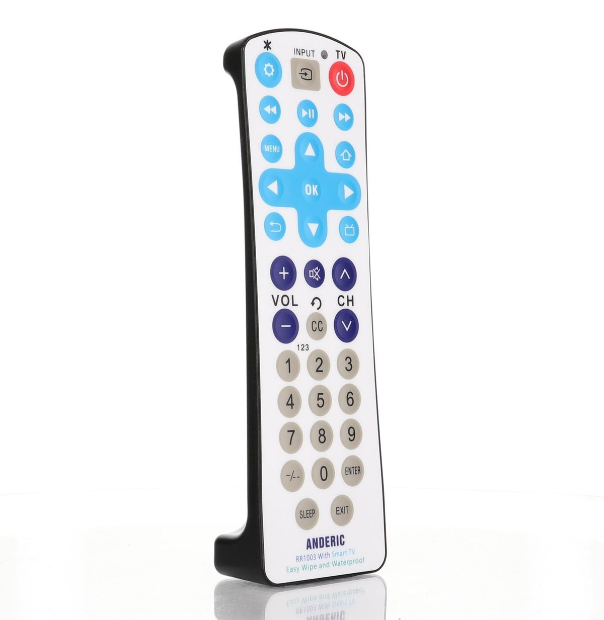 Anderic RR1003 antimicrobial universal remote control with white sealed surface, oversized buttons, and blue accents.