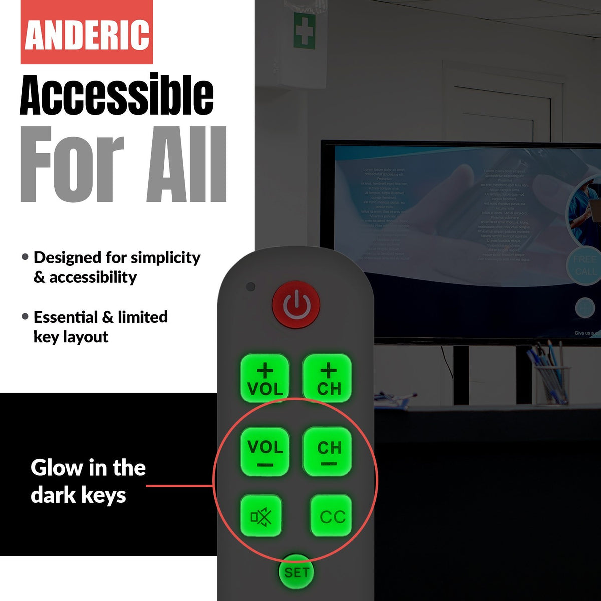 Anderic RR1004 universal remote with large, glow-in-the-dark buttons for simplified TV control and accessibility.