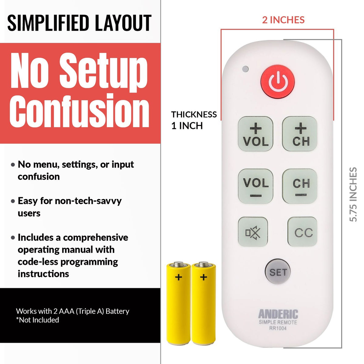 Anderic RR1004 simplified white universal TV remote with large high-contrast buttons and two AAA batteries.