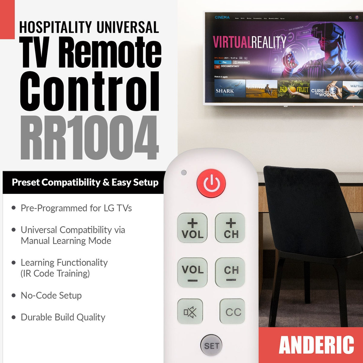 Anderic RR1004 universal TV remote with large, high-contrast buttons for seniors, shown against a living room backdrop.