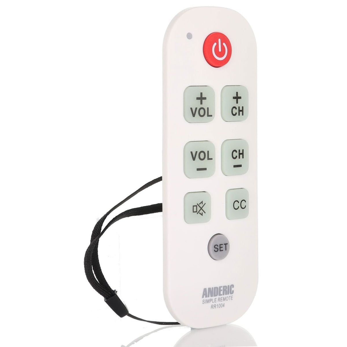 Anderic RR1004 white universal TV remote with large glow-in-the-dark buttons and a black wrist strap.