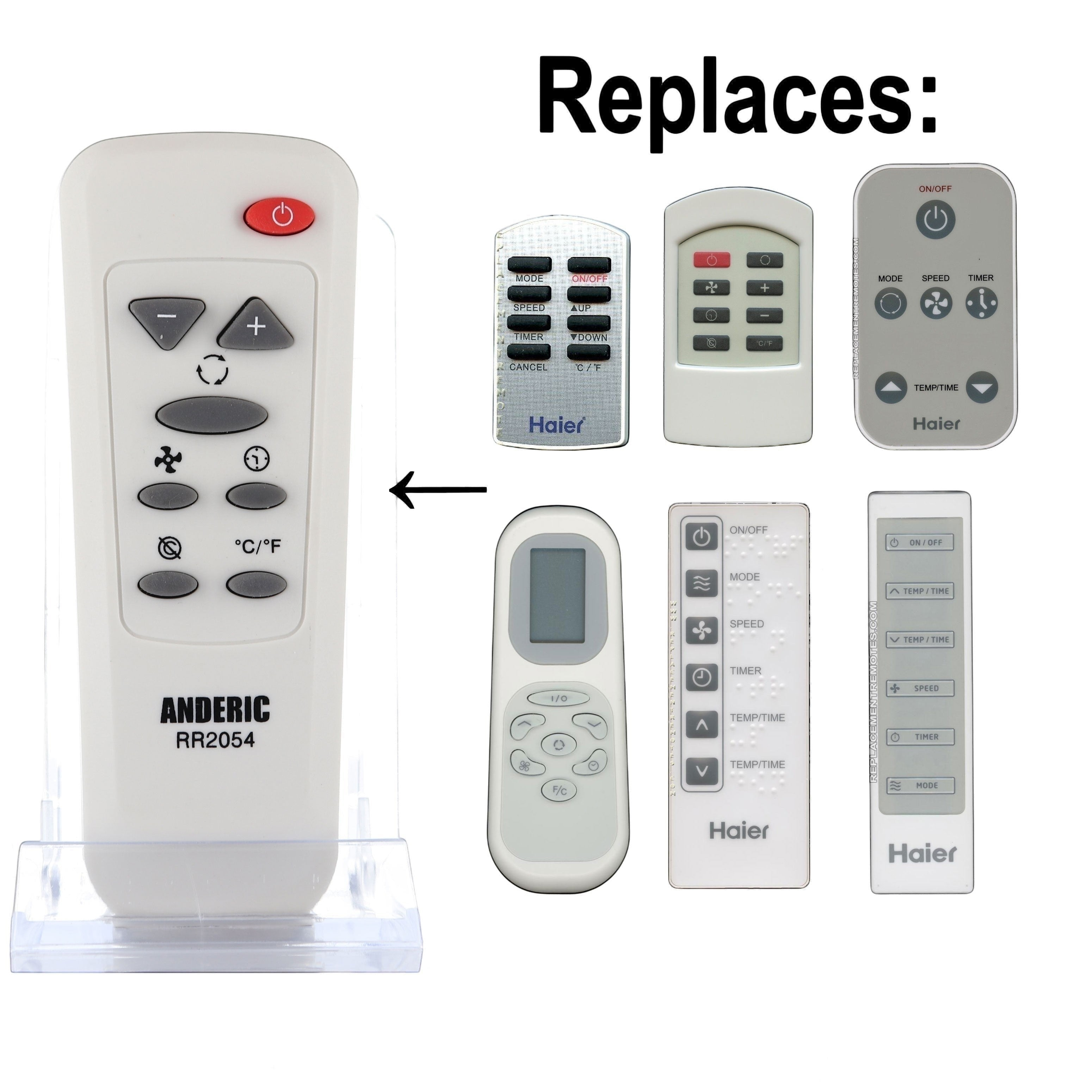 Anderic RR2054 replacement remote control for GE air conditioners, featuring white casing and intuitive buttons.