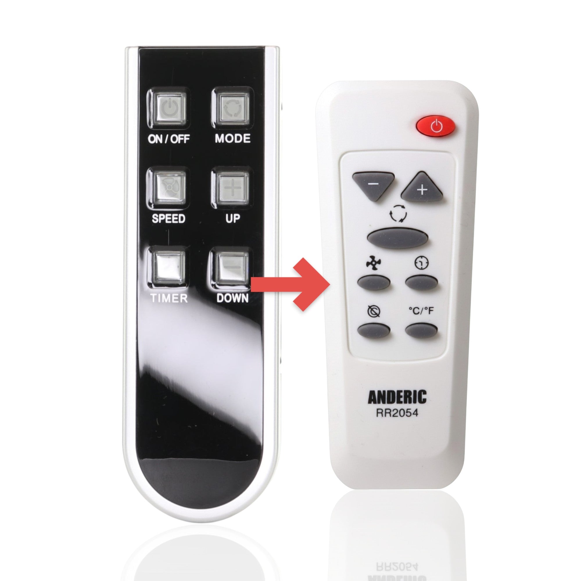 Anderic RR2054 replacement remote control for GE portable air conditioners shown next to the original black remote.