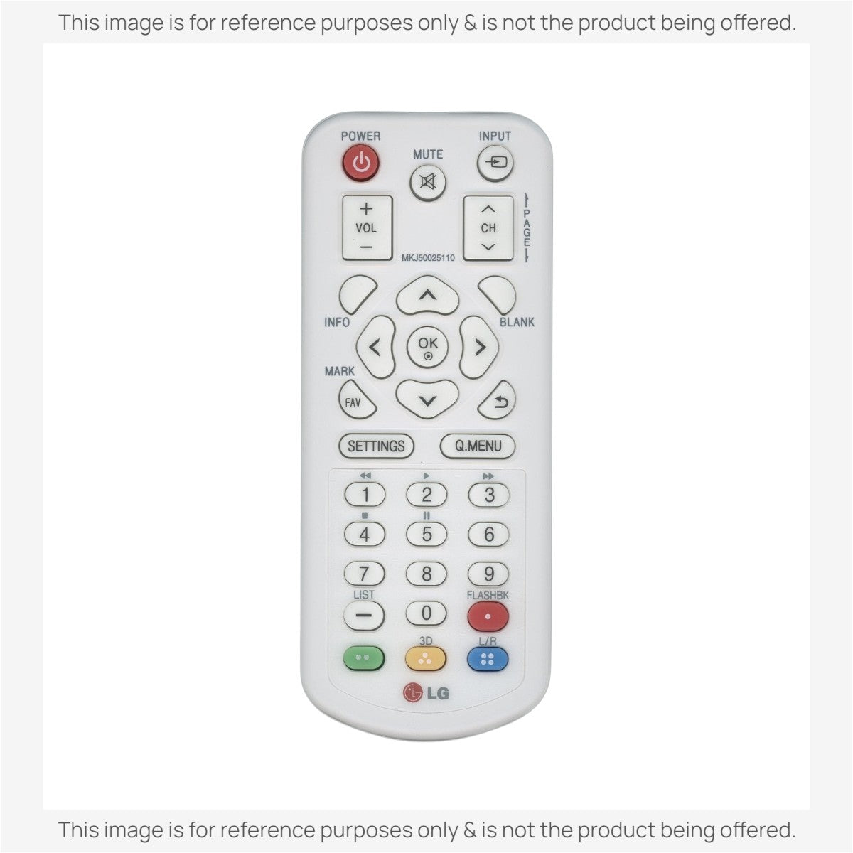 Anderic RR3720 universal replacement remote control for LG MKJ50025110 projectors with white casing and labeled buttons.