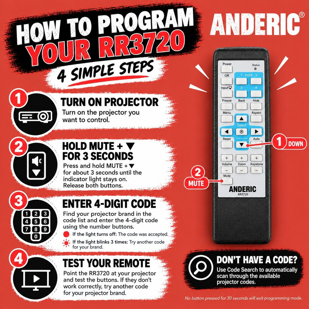 Anderic RR3720 projector remote control with a 4-step programming guide on a red background
