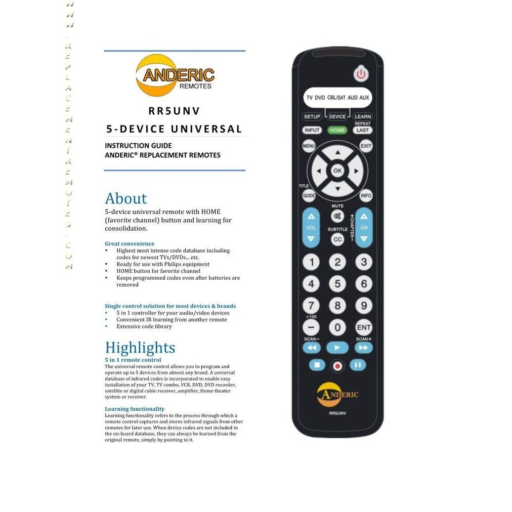 Control remoto universal Anderic RR5UNV para 5 dispositivos