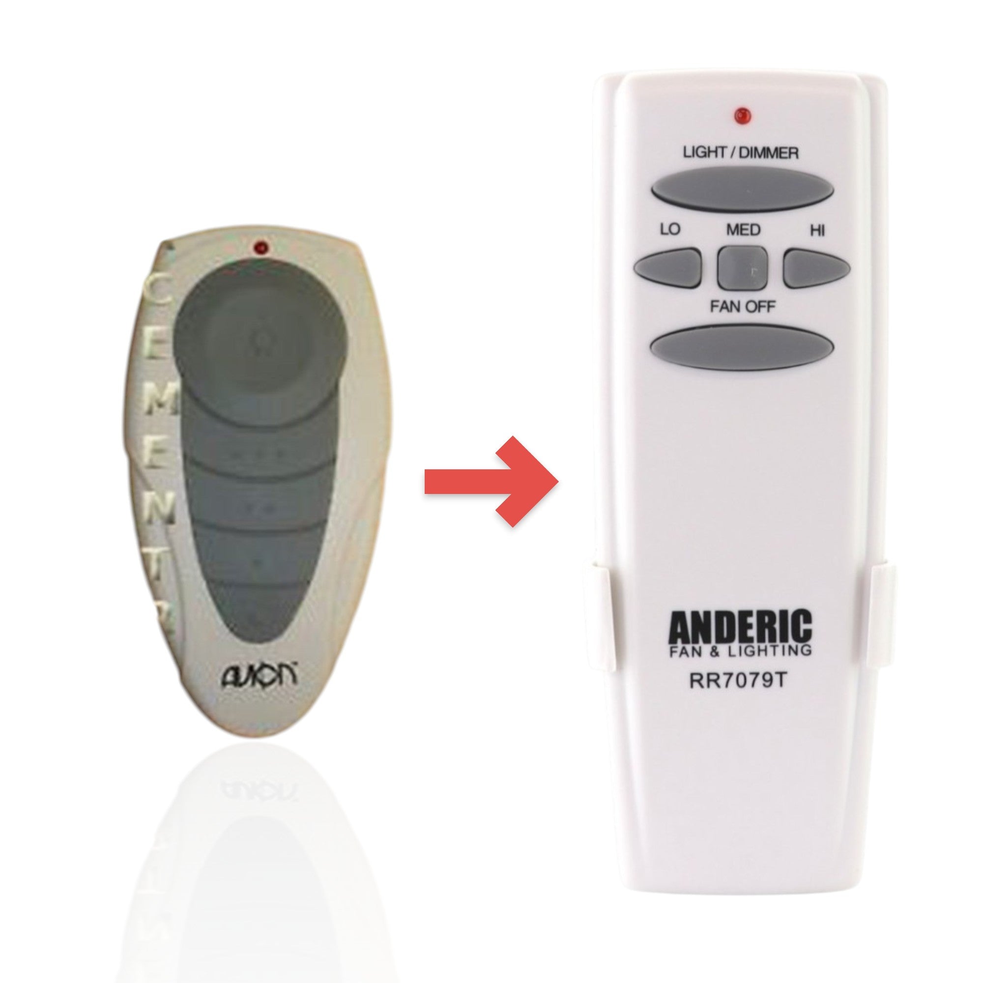 Anderic RR7079T replacement remote control for Harbor Breeze and Avion ceiling fans with light dimming buttons.