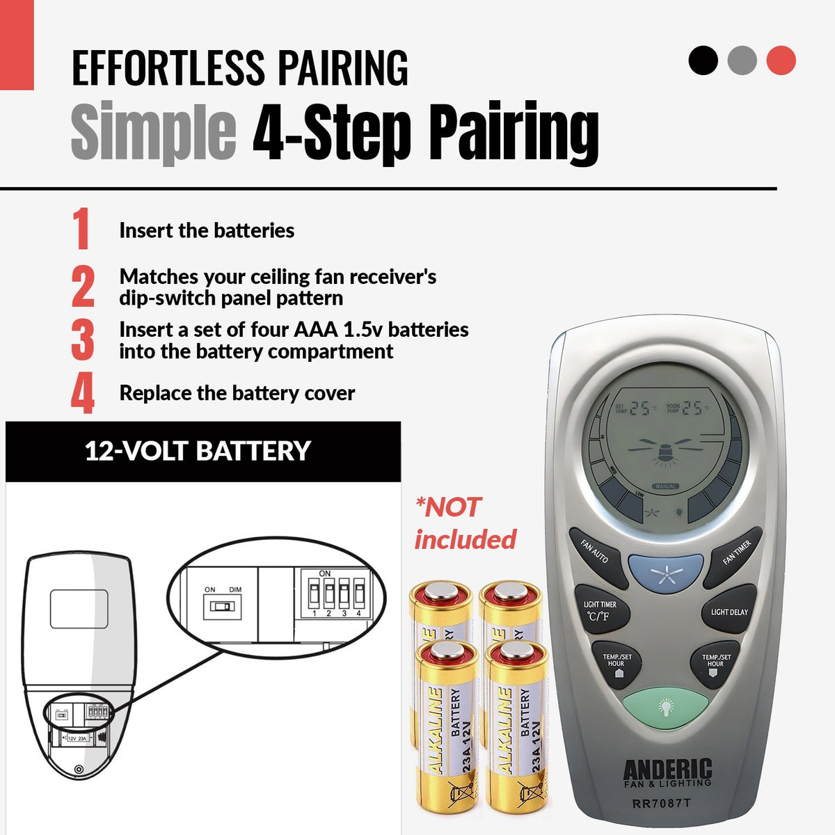 Anderic RR7087T ceiling fan remote control with LCD screen, button layout, and pairing instructions diagram.