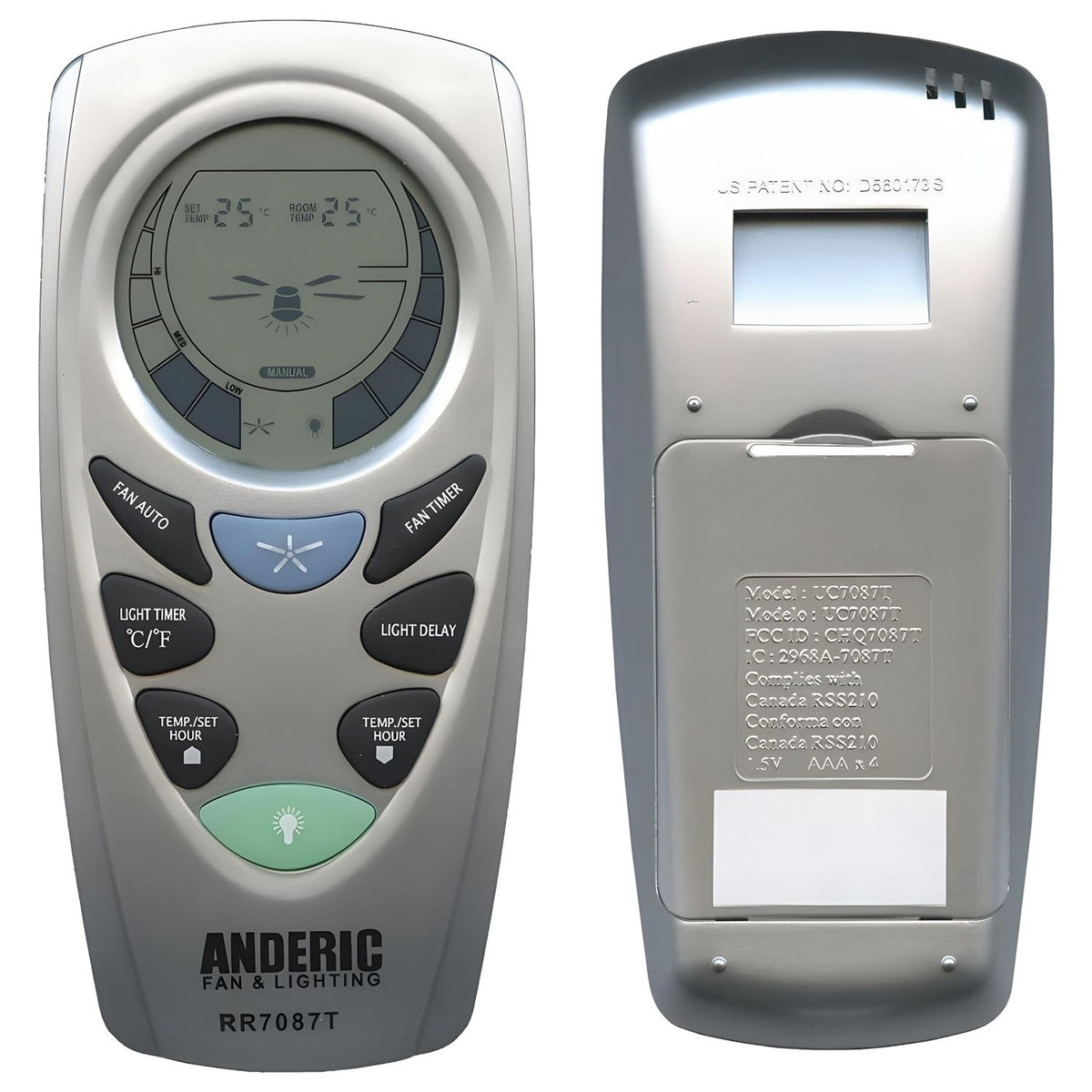 Anderic RR7087T replacement remote control for Hampton Bay ceiling fans with LCD screen and button interface