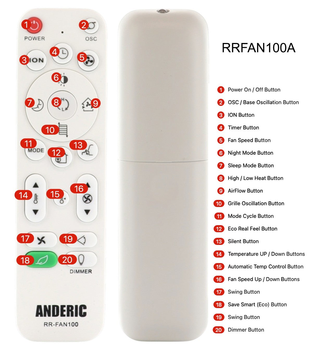 Anderic RRFAN100A white remote control for Lasko ceramic space heaters with labeled function buttons