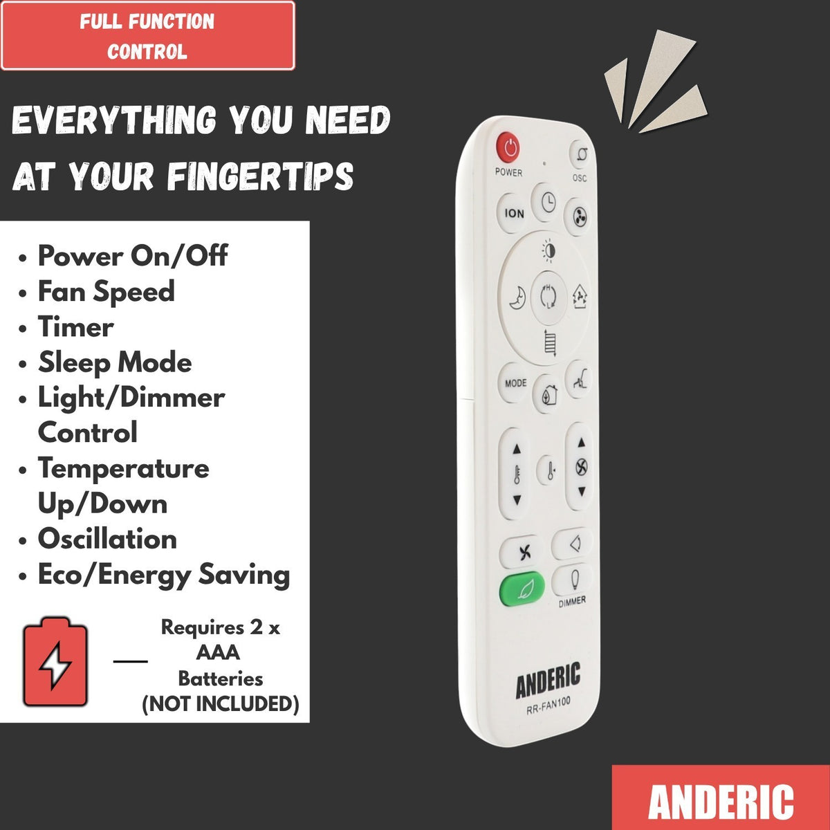 Anderic RRFAN100A white universal remote control for Lasko space heaters and fans with full function button layout