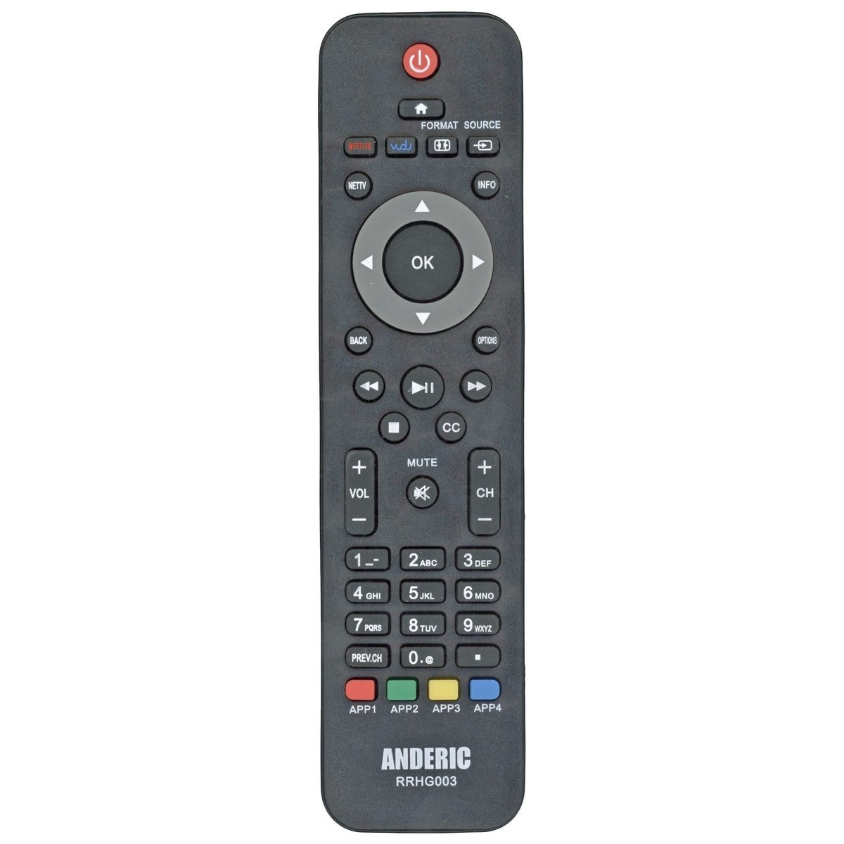Anderic RRHG003 black replacement remote control for Philips TVs with standard navigation and media playback buttons.