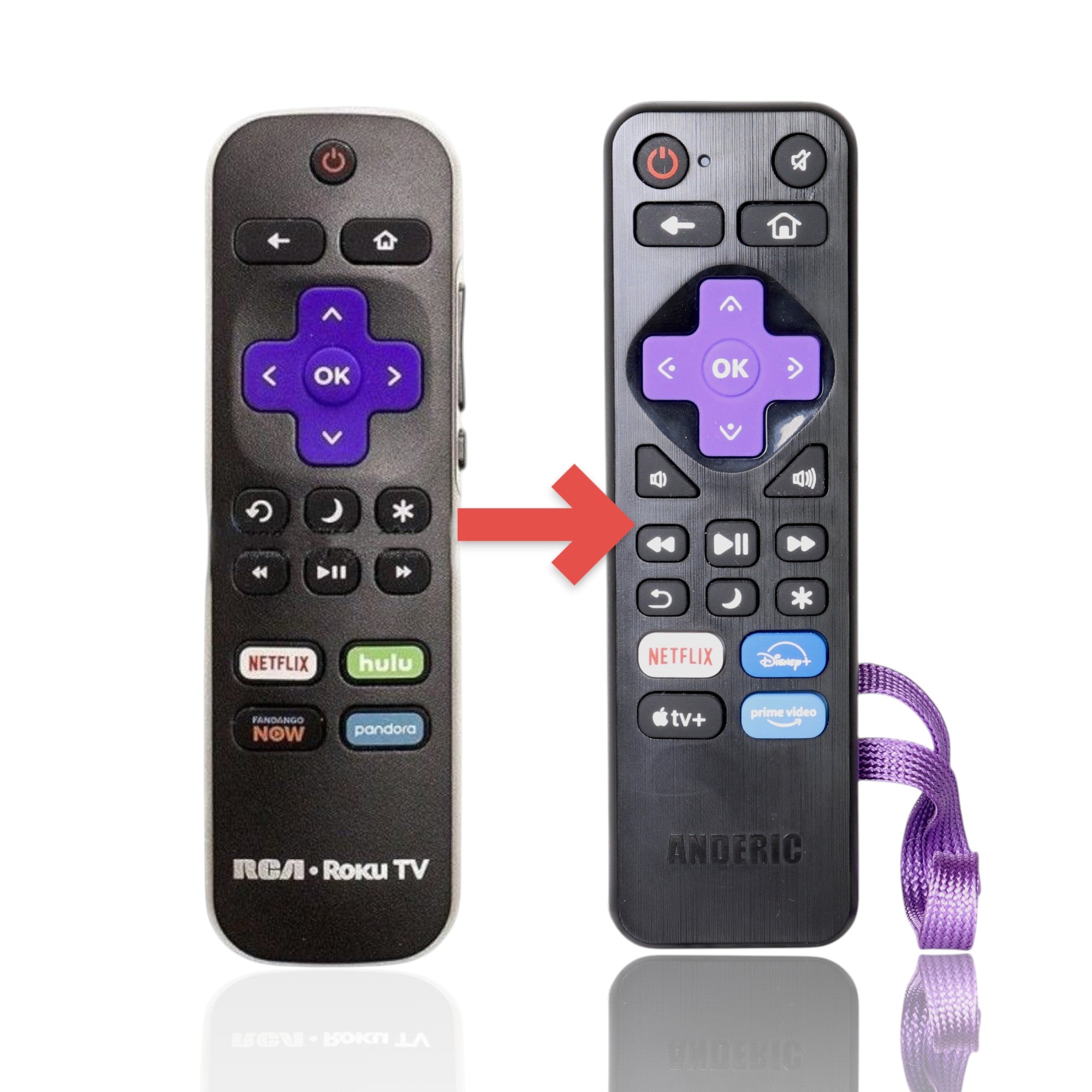Anderic RRLF26 replacement remote control for RCA Roku TV featuring a purple directional pad and shortcut buttons.