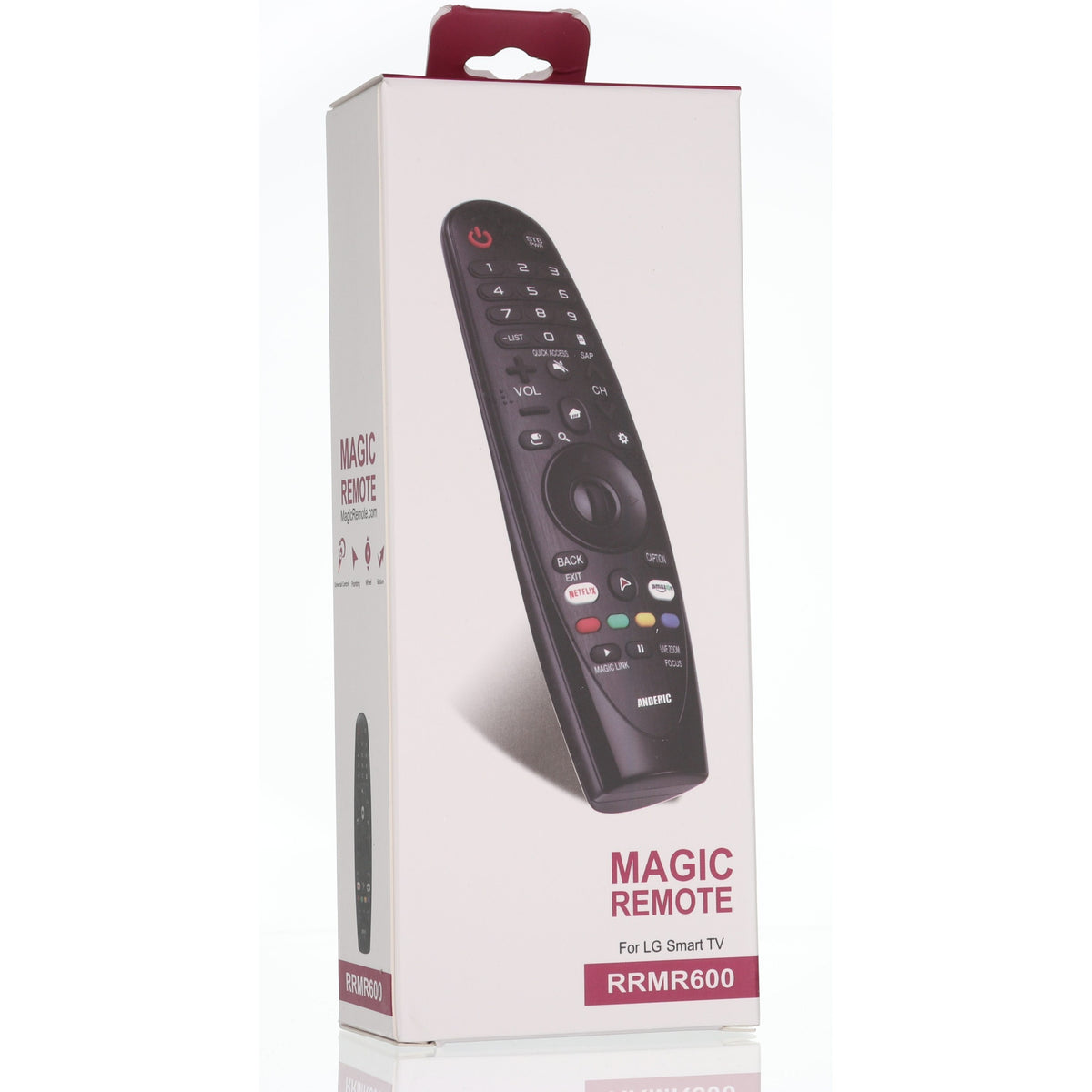 Anderic RRMR600 black replacement remote for LG Smart TV in retail packaging with cursor navigation and app buttons.