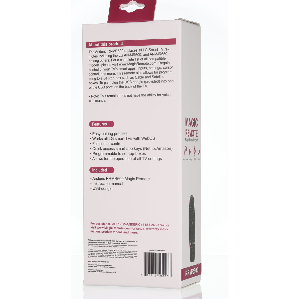 Anderic RRMR600 TV remote control packaging box showing product features and included items for LG Smart TVs