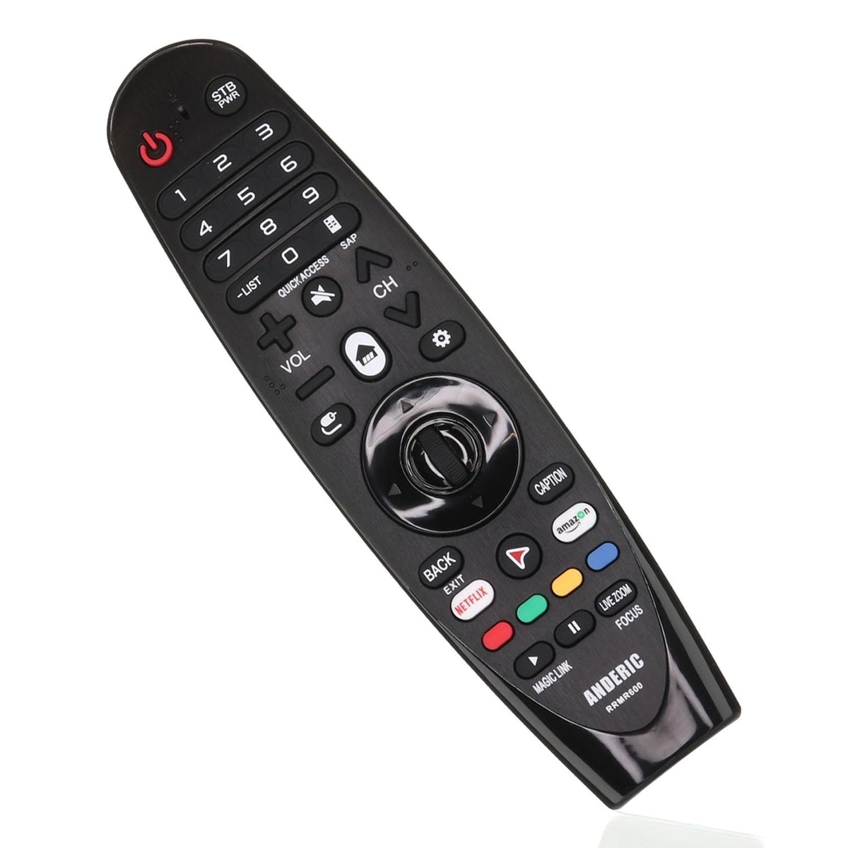Anderic RRMR600 black smart TV remote control with central navigation wheel and dedicated streaming app buttons.