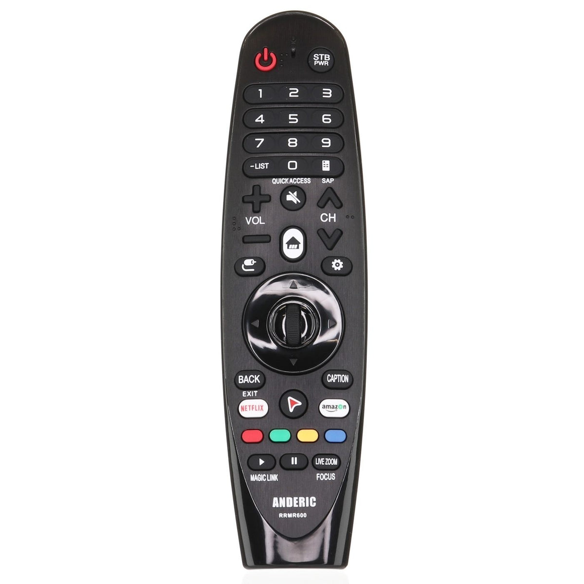 Anderic RRMR600 black smart TV remote control with navigation wheel and dedicated Netflix and Amazon buttons.
