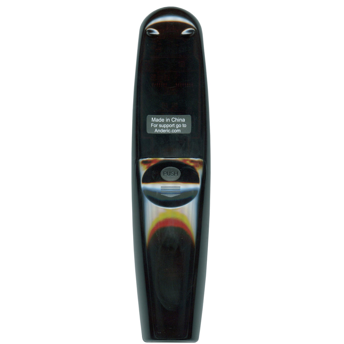Anderic RRMR600 black TV remote control back view showing battery compartment and branding