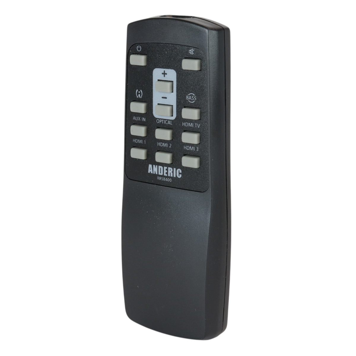Anderic RRSB400 black replacement remote control for JBL SB350 sound bars with clearly labeled grey function buttons.