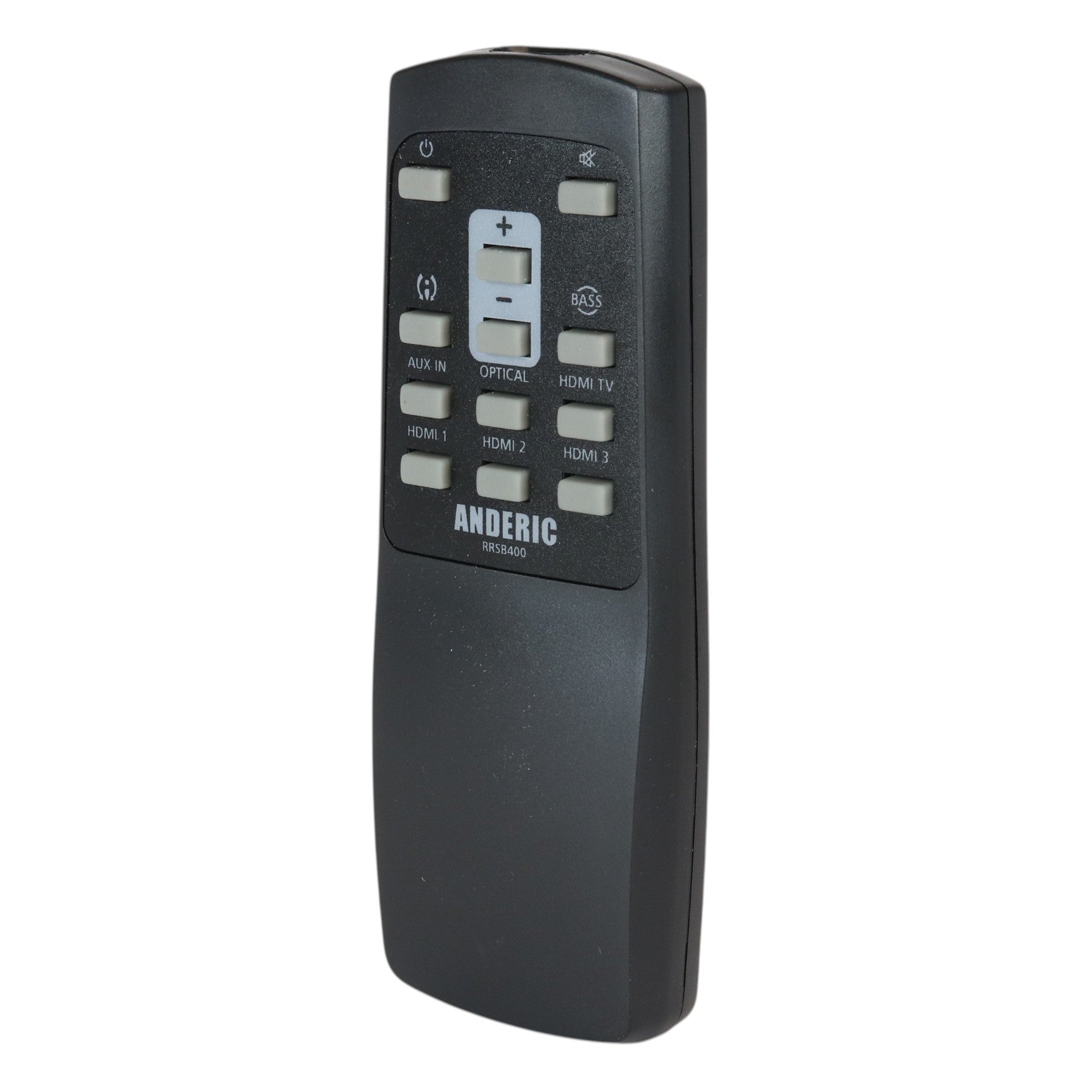 Anderic RRSB400 black replacement remote control for JBL sound bars with grey buttons and input labels