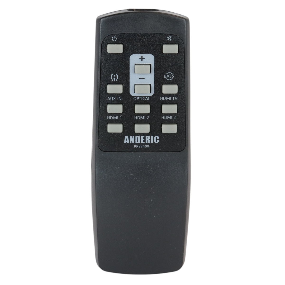 Anderic RRSB400 black replacement remote control for JBL SRC2100 sound bar with labeled input and volume buttons