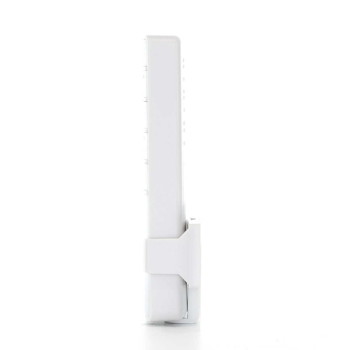 Anderic RRTR227B white ceiling fan remote control in a side profile view with its included wall mount bracket.